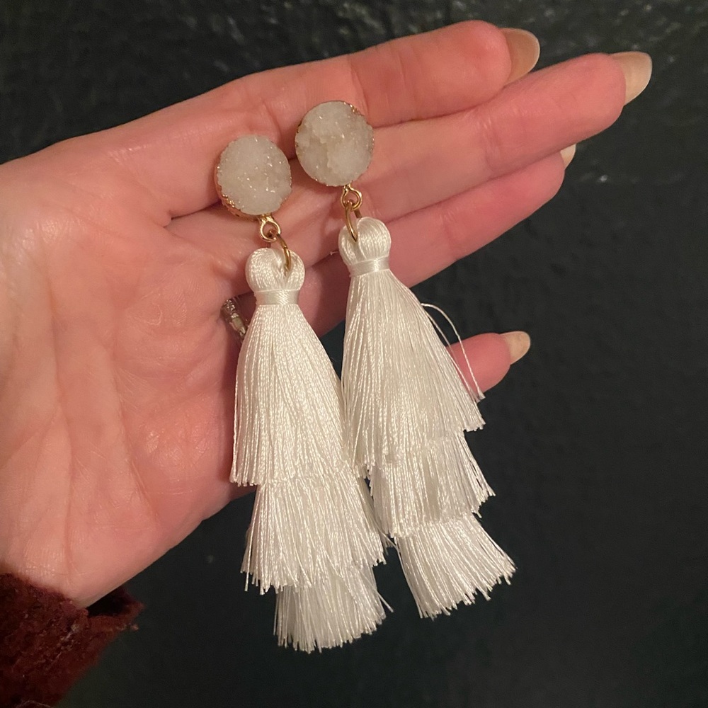 White fringe earrings